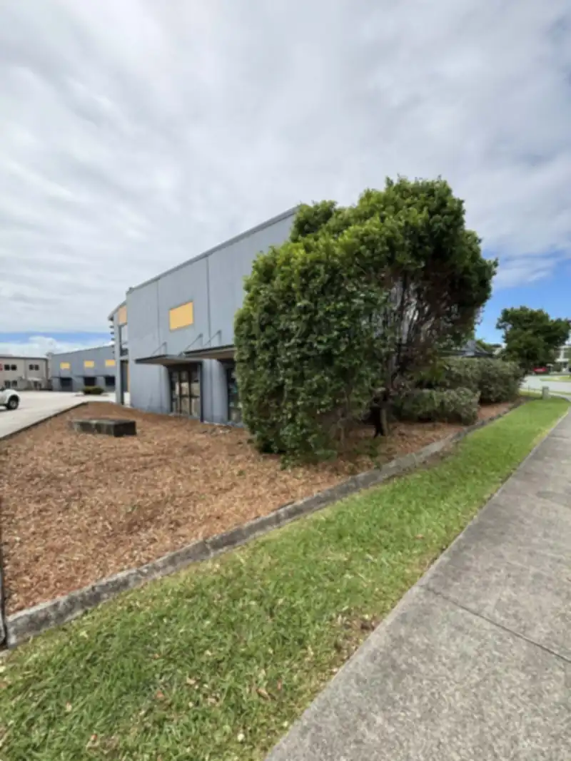 Mulching services Moreton Bay: freshly mulched garden bed with shrubs along a commercial building