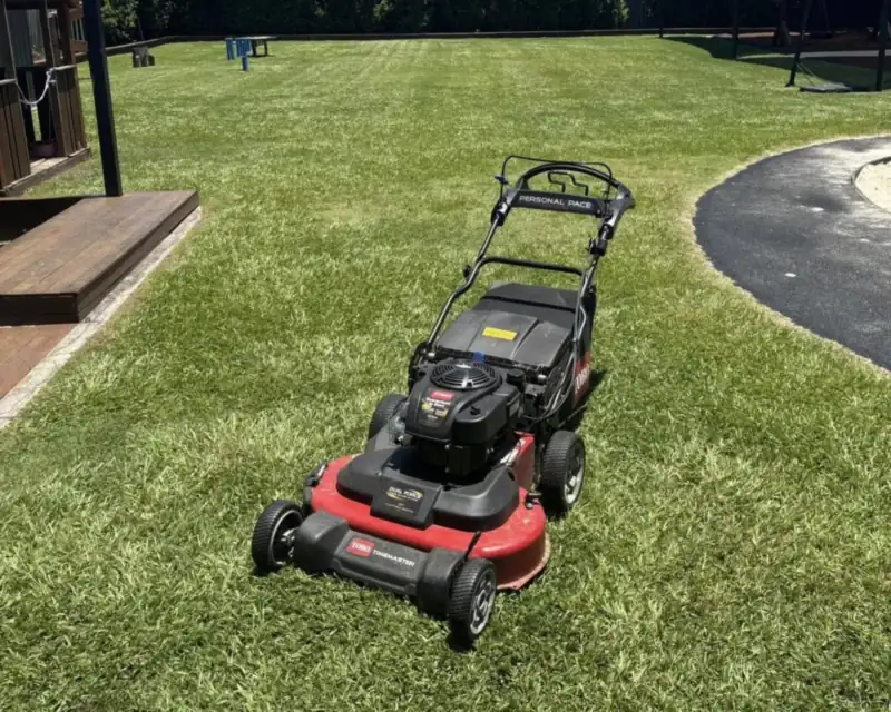 Lawn mowing Moreton Bay: push mower leaving neat stripes on a residential lawn in Morayfield